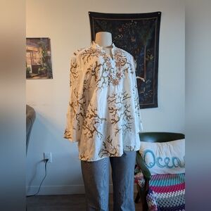 Charter Club Cream‎ Blouse with Gold Patterns And Coral Print Size 16 P